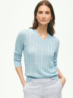 Brooks Brothers Linen Knit V-Neck Cable Sweater - Aqua Blue
